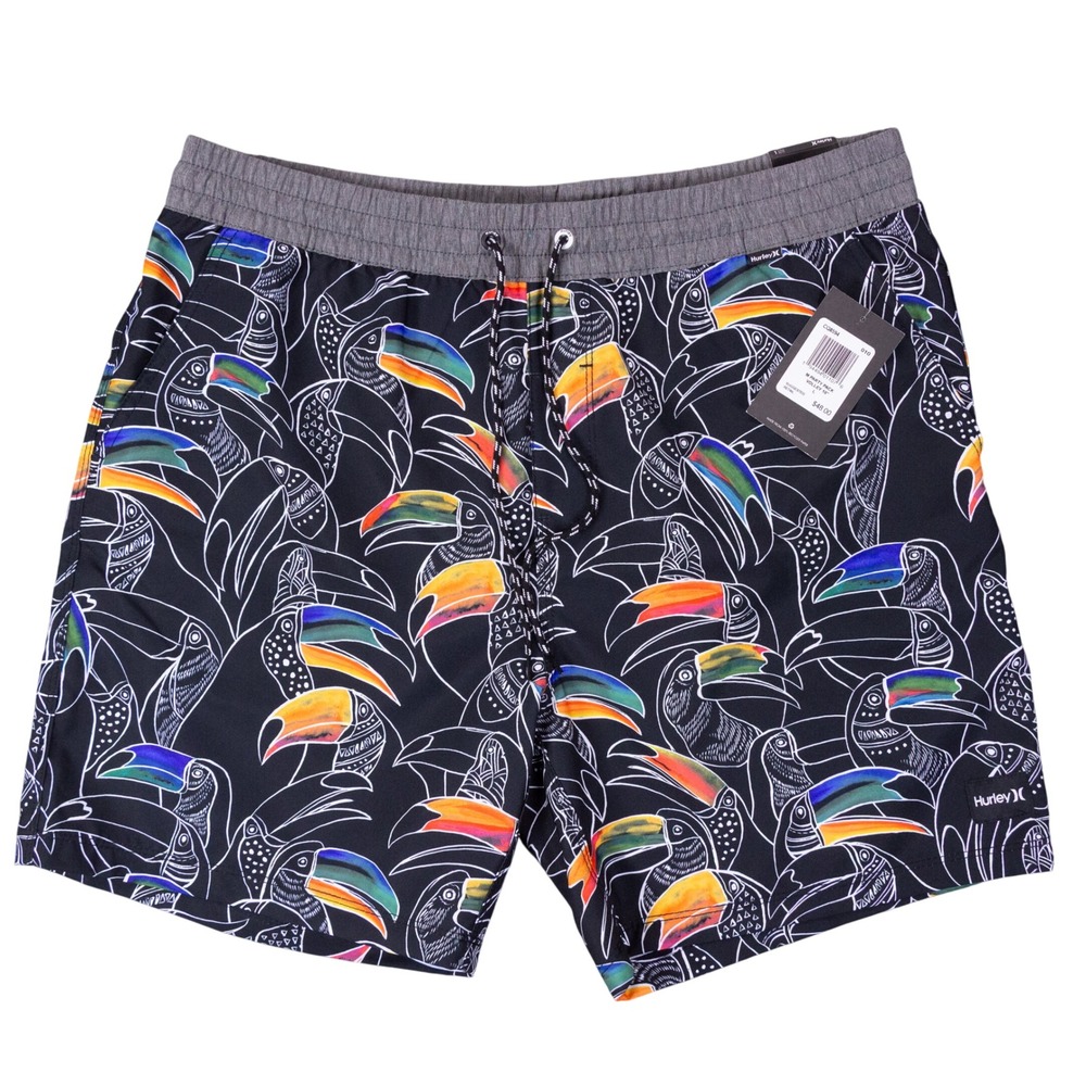 NWT‎ Hurley Mens L Volley 18 Board Shorts Toucan Print Black CQ8594